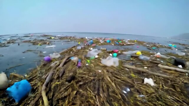 Vast patch of plastic bottles and trash floating in polluted seawater environmental problem