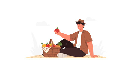 Fototapeta premium A man relaxing at a picnic with an apple and a fruit basket smiling peacefully
