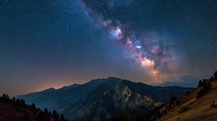 A breathtaking view of the Milky Way galaxy lights up a clear night sky above rugged mountains. The scene showcases stars and celestial beauty in a remote location.