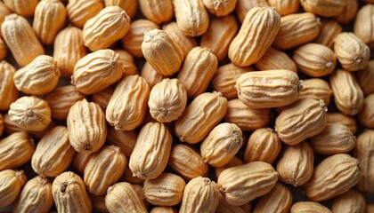 Obraz premium Close up of roasted peanuts. Light brown peanuts scattered on surface. Peanut texture background. Abundant roasted nuts. Full frame of oval shaped peanuts. Detailed view of snack.