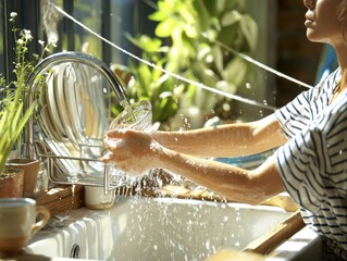 A young woman lovingly washes dishes in a sunlit kitchen, capturing the beauty of daily life and warm moments