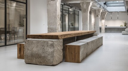 A spacious interior features a large wooden dining table resting on concrete blocks. The contemporary design offers a minimalist style with natural and industrial elements.