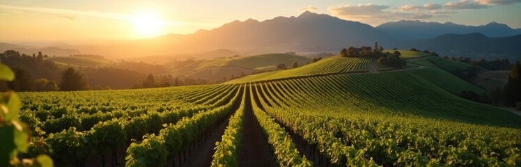 Expansive vineyard hills meet distant mountains bathed in warm sunset light. Rolling green slopes showcase neat rows of grapevines stretching towards the horizon. Nature offers scenic beauty.