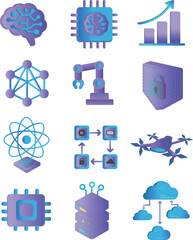 Artificial Intelligence and Future Technology Isometric Vector Icons Set ? AI, Robotics, Cloud Computing, Cybersecurity, Machine Learning.eps