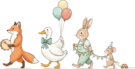 Festive Animal Parade Whimsical Celebration Illustration