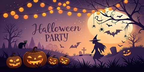 Halloween party night with witch pumpkins bats and black cat under glowing full moon .