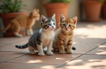 Naklejka premium Two small kittens sit on tiled ground near potted plants. One tabby kitten looks right, another ginger kitten looks front. Another ginger kitten plays in background. Cute pets waiting.