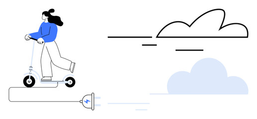 Woman riding an electric scooter, trailing a power plug with clouds in the background. Ideal for sustainability, eco-friendliness, modern mobility, green energy, innovation, urbanization, and clean