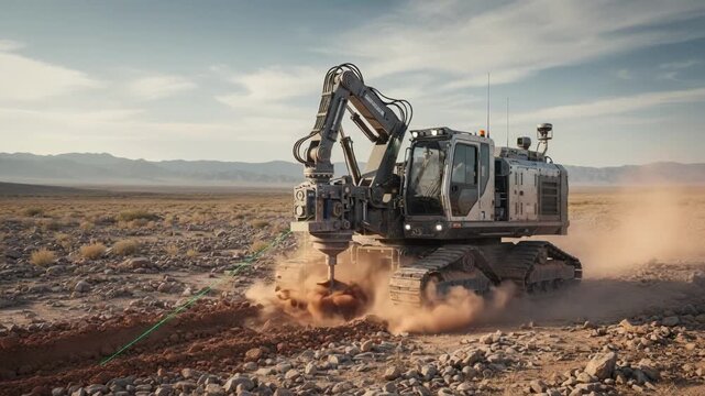 Medium shot capturing an unguided autonomous drilling machine navigating rough terrain as it drills into the earth independently.