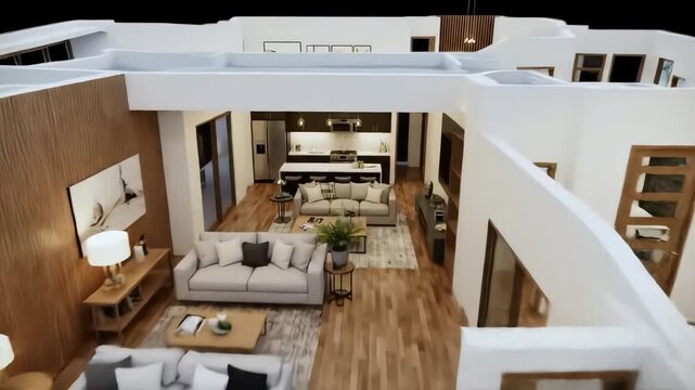 Realistic animated walkthrough of a contemporary house interior showing the floor plan layout and modern furniture design