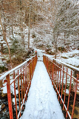 Landscape of the Escouloubres valley under the snow, in the Pyrenees in France