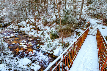 Landscape of the Escouloubres valley under the snow, in the Pyrenees in France