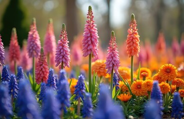 Obraz premium Bright pink and orange hyacinth flowers bloom in a sunny garden with blue muscari plants. Rich green foliage surrounds the colourful floral display, perfect for spring.