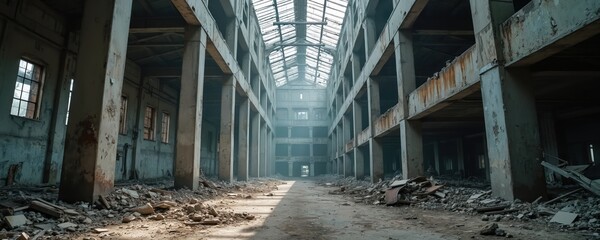 Interior of an abandoned derelict factory with crumbling concrete walls and debris strewn across the floor. Sunlight streams through broken windows and a glass roof, illuminating the desolate space.