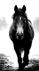 Majestic horse walking confidently through misty landscape at dawn during early morning hours