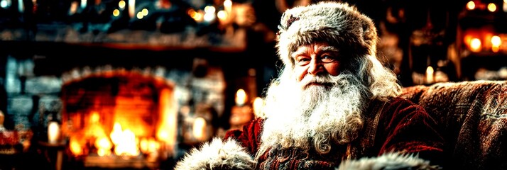 Santa Claus relaxes by the fire in a cozy winter cabin filled with festive decorations and warm lights during the holiday season - High Contrast