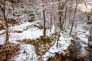 Landscape of the Escouloubres valley under the snow, in the Pyrenees in France