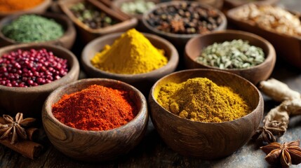 Various spices and herbs are arranged in wooden bowls on a rustic table. Bright colors include red chili powder yellow turmeric and green herbs showcasing culinary diversity.