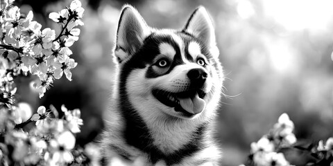 Happy husky puppy surrounded by cherry blossoms during springtime in a park setting