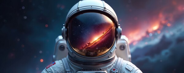 Astronaut suit front view, helmet reflects stars, nebulae, planets and sun. Space exploration, future travel, science fiction concept. Vast cosmos background.