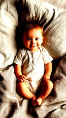 Happy baby sitting on soft blanket in a cozy, well-lit nursery during afternoon sunlight - High Contrast