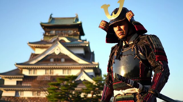 Stoic samurai warrior in elaborate armor with a majestic Japanese castle in the background