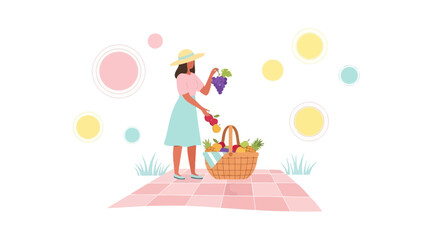 Fototapeta premium A Woman Preparing Food for a Picnic with Basket Fruits and a Checkered Blanket