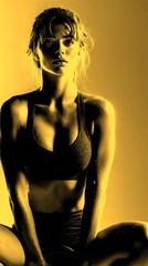 Fitness model showcases strength and determination during a workout session in a studio environment