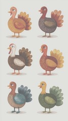 Colorful cartoon turkeys standing upright in various poses with distinct feather patterns and colors suitable for festive occasions - Low Contrast