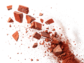 flying pieces and powder of broken red brick, cutout, PNG isolated on a white or transparent background, generated AI