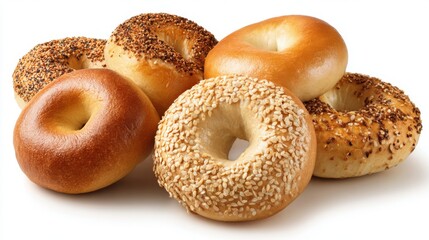 A group of assorted bagels features different flavors including sesame poppy seed and plain varieties. They are arranged neatly and look warm and inviting ideal for breakfast or a snack.