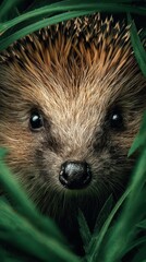Hedgehog emerges from lush greenery in a tranquil natural setting during daylight