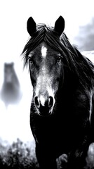 horse stands prominently in a misty landscape during early morning hours with a blurred silhouette of another horse behind