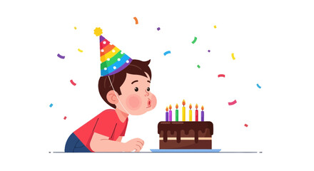 A young boy blowing the candles out on a birthday cake illustration