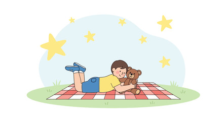 A Young Boy Embraces A Teddy Bear While Enjoying The Night Sky And Stargazing