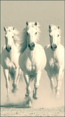 Majestic horses galloping through a sandy landscape during a sunny day