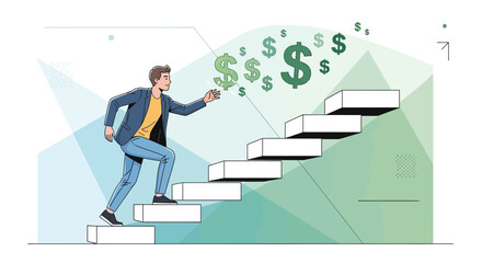 Achieving Financial Success: A Determined Individual Ascending the Stairway to Wealth