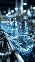 Bottled water moving along a production line in a modern facility with splashes of water in motion
