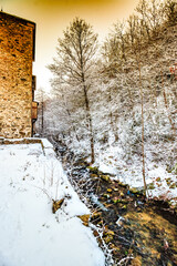 Landscape of the Escouloubres valley under the snow, in the Pyrenees in France