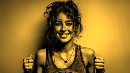 Young woman with freckled face celebrating fitness achievement in cozy indoor space
