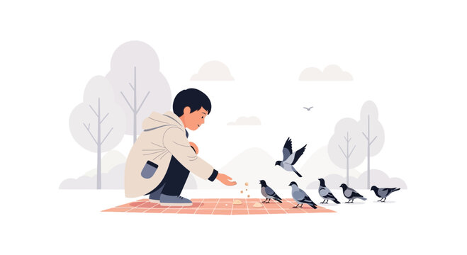 A Young Person Feeding Pigeons in a Park, A Calm and Gentle Moment