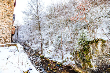 Landscape of the Escouloubres valley under the snow, in the Pyrenees in France