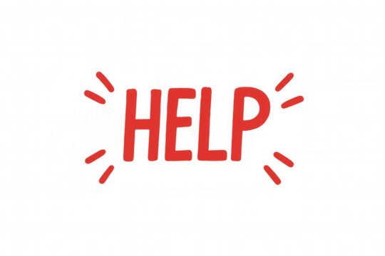 Red word help text symbol, expressing distress, need for assistance, and urgent plea on a transparent background
