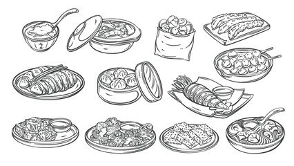 Hong Kong street food outline set with Asian dishes wonton noodles, tofu pudding, roast duck, curry fish balls, fried squid, and sweet egg tarts. Vector illustration of local chinese cuisine