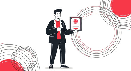 Achievement Presentation: A Modern Man Demonstrating a Certificate with Confidence and Style.