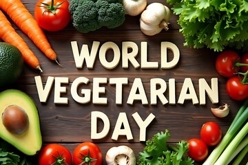 Vibrant assortment of fresh vegetables surrounding world vegetarian day text