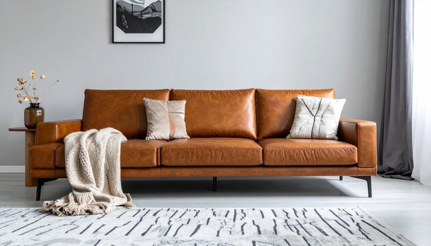 Modern living room with L-shaped brown leather sectional, beige throw, neutral pillows, framed art, potted plants, wooden sideboard, light wood flooring, and sheer-curtained natural light.