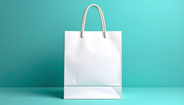 White glossy shopping bag with rope handles standing upright against turquoise background.