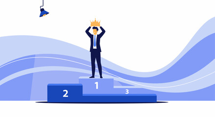 Obraz premium Achieving Success Illustration: A Businessman Celebrates Triumph, Holding Crown On The Podium