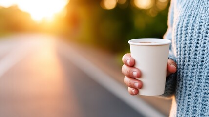 Person holding a paper cup of coffee while walking along the road in warm morning light